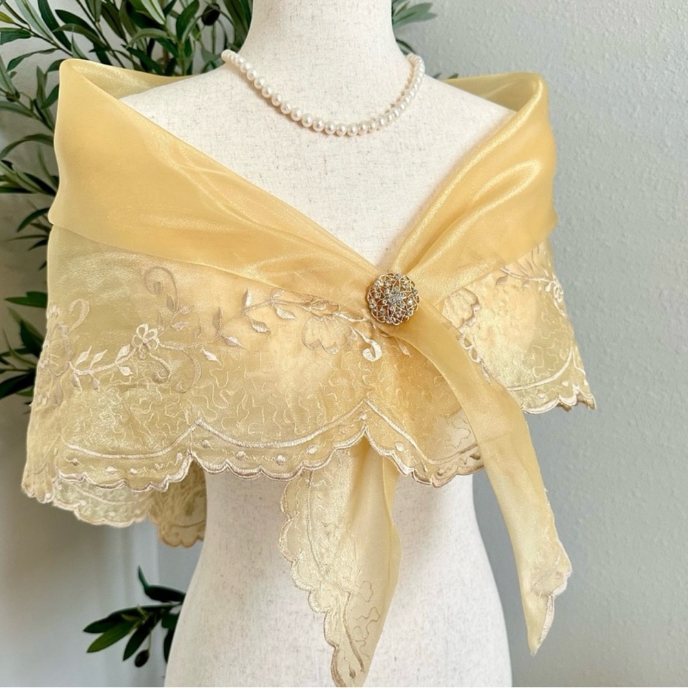 Elegant Matt Gold  Alampay with floral embroidery details and rhinestones brooch